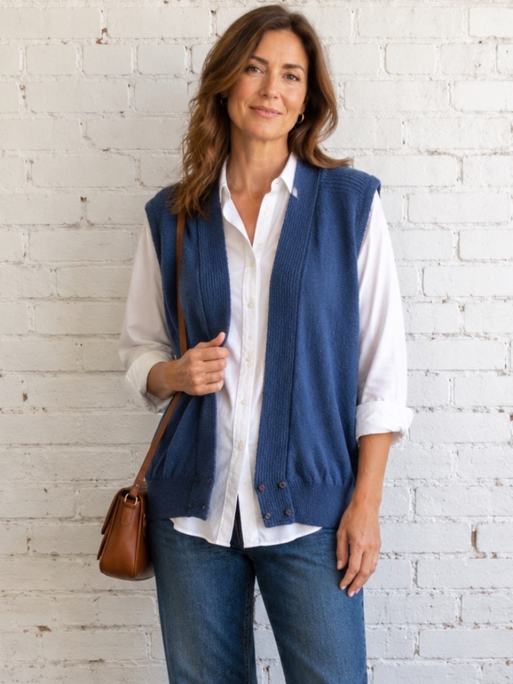 Vintage 90s Blue Textured Knit Vest Cardigan Button Front Made in Canada Sz L